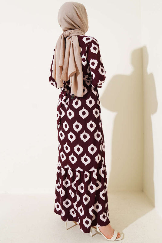 Ring Pattern Belted Crepe Dress Burgundy
