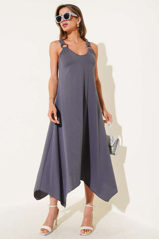 Jurk met V-hals en ringdetails in antracietkleur