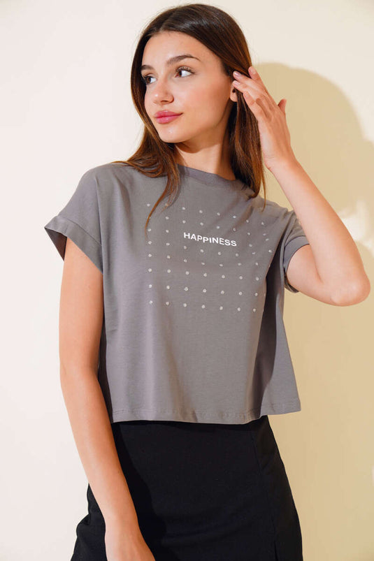 تي شيرت Happines المزين بالترتر باللون المدخن