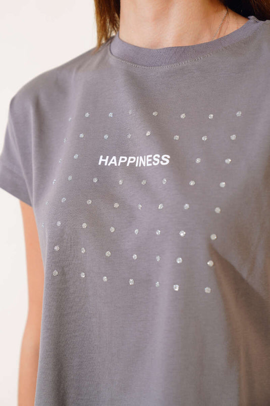 تي شيرت Happines المزين بالترتر باللون المدخن