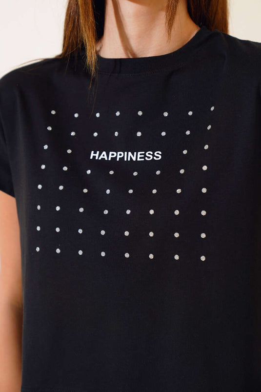 Happines T-shirt met pailletten, zwart