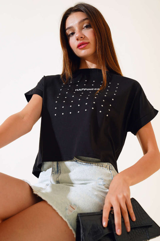 Happines T-shirt met pailletten, zwart