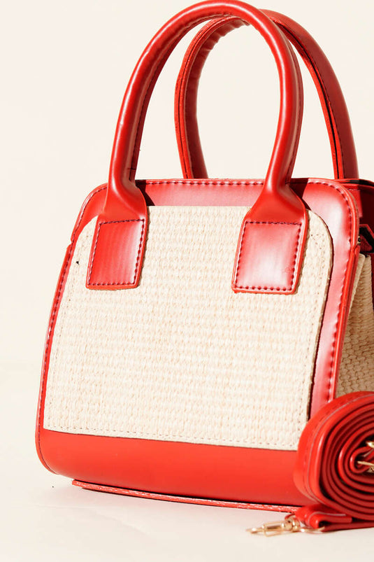 Square Bag with Woven Details, Red