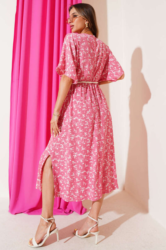 Floral Dress with Straw Belt, Rose Pink