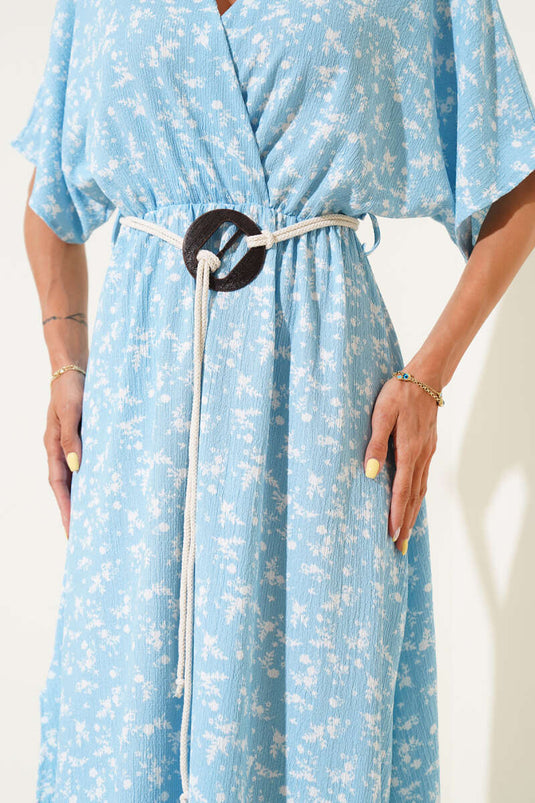 فستان مزهر بحزام من القش، أزرق