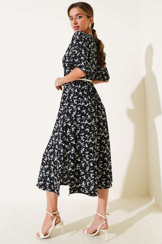 Hasır Kemerli Çiçekli Elbise Siyah