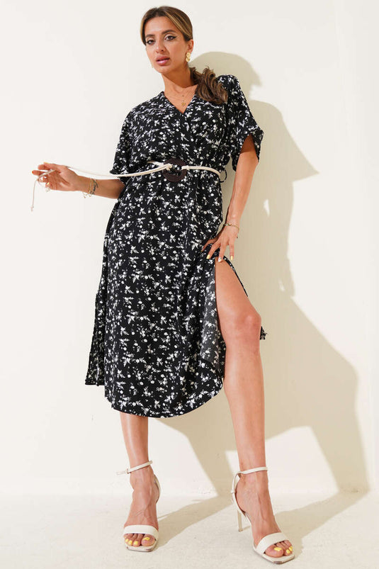 Hasır Kemerli Çiçekli Elbise Siyah