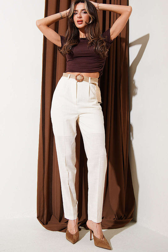 Beige Linen Pants with Straw Belt and Slim Legs