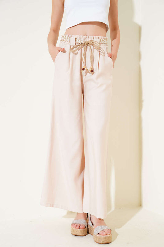 Hasır Kemerli Geniş Paça Pantolon Bej