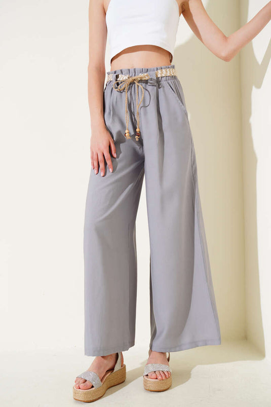 Hasır Kemerli Geniş Paça Pantolon Gri