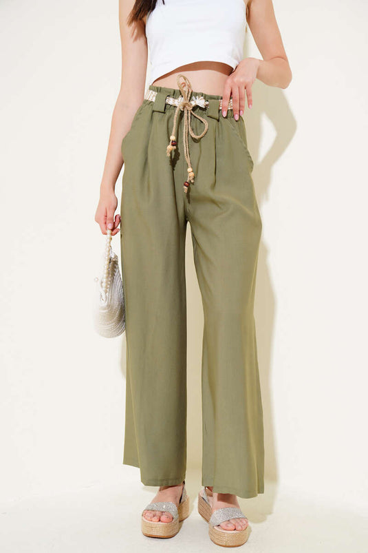 Wide Leg Khaki Trousers with Straw Belt