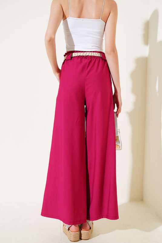 Hasır Kemerli Geniş Paça Pantolon Mürdüm