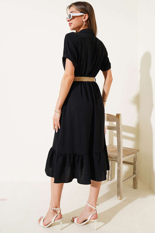 Halb geknöpftes Midikleid mit Strohgürtel, Schwarz