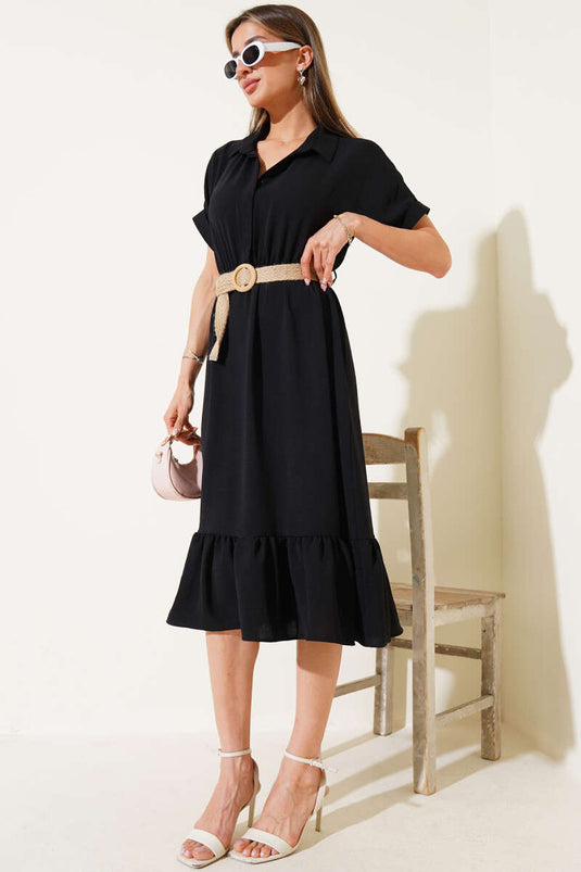 Halb geknöpftes Midikleid mit Strohgürtel, Schwarz