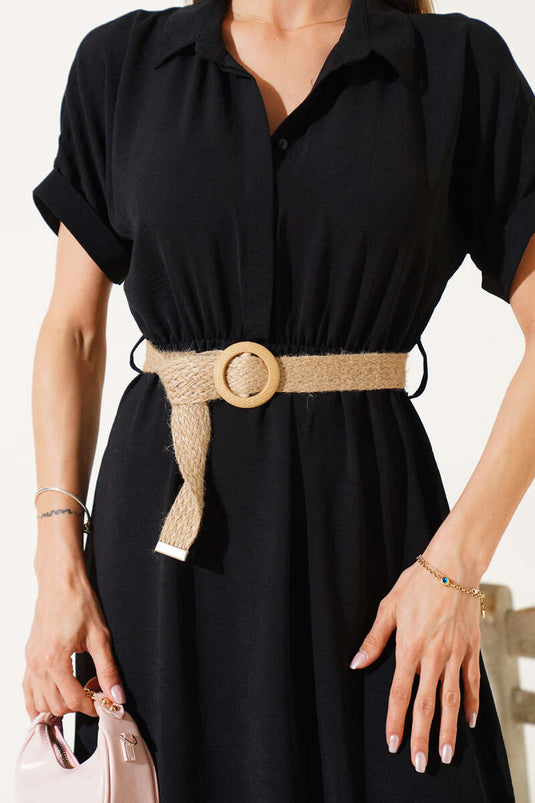 Halb geknöpftes Midikleid mit Strohgürtel, Schwarz