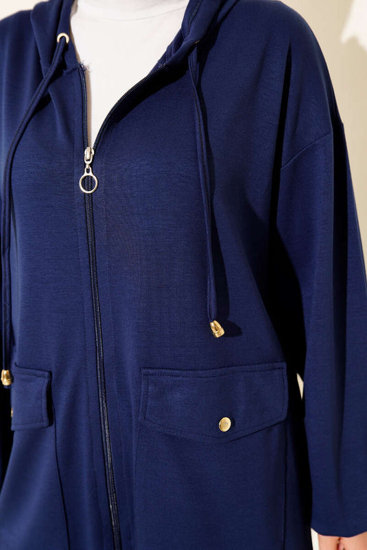 Loyşa Zippered Pocket Hooded Two-Piece Suit Navy Blue