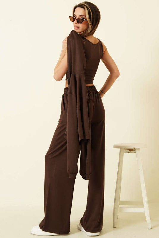 Ensemble triple Loyşa avec cardigan, couleur café