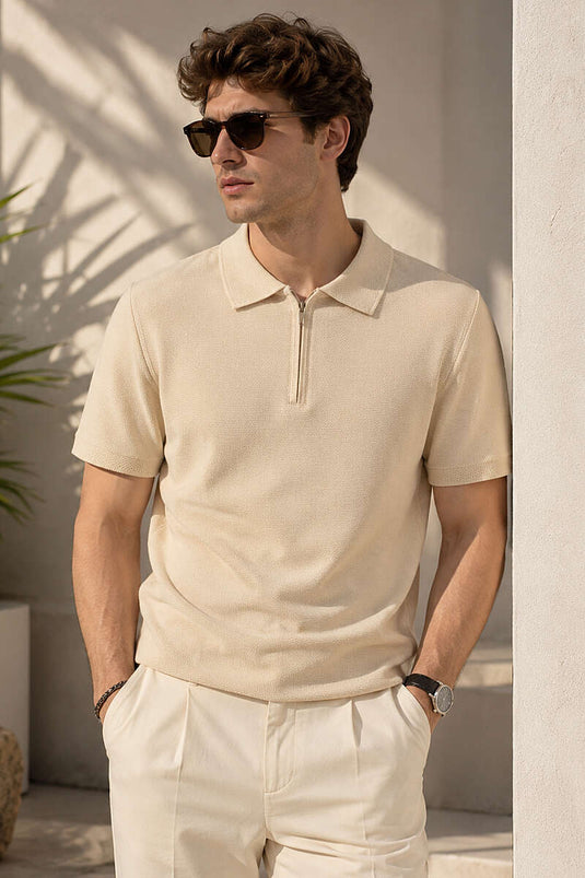 T-shirt basique à col polo zippé beige