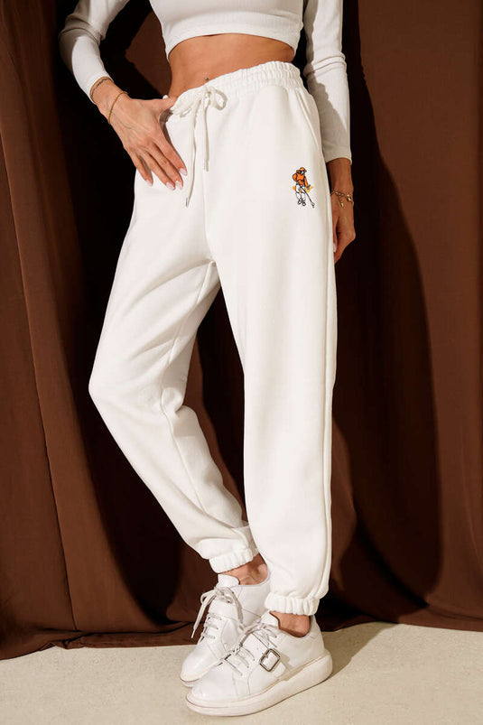 Hokey Nakışlı Üç İplik Pantolon Ekru