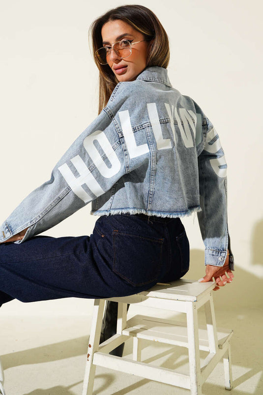 Veste courte en jean bleu imprimé Hollywood