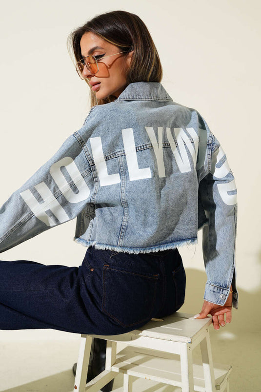 Veste courte en jean bleu imprimé Hollywood