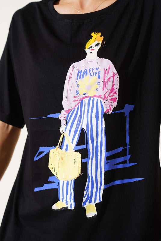 تيشيرت أسود مطبوع عليه صورة آفاق من الأمام والخلف