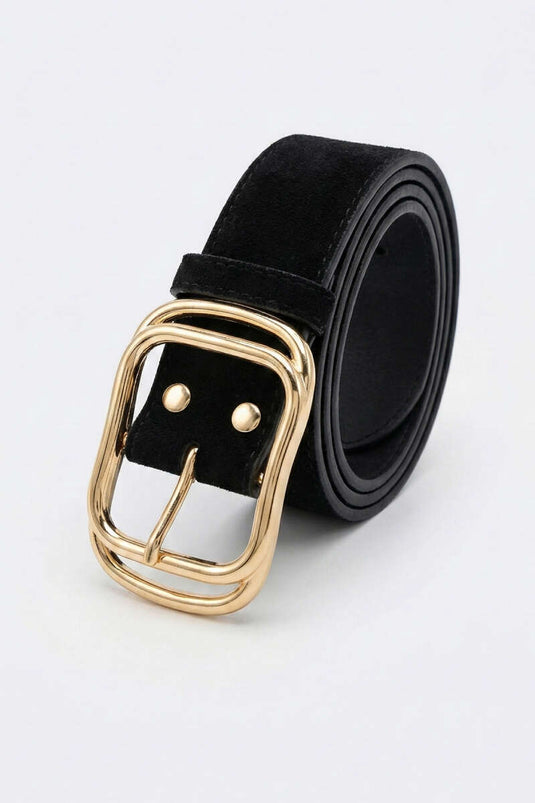 Ingesloten Gouden Gespsluiting Riem Zwart Suède