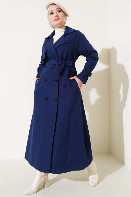 Trench Coat Blu Navy Con Cintura E Fodera