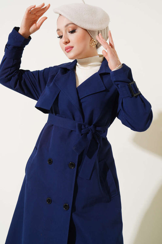 Trench Coat Blu Navy Con Cintura E Fodera