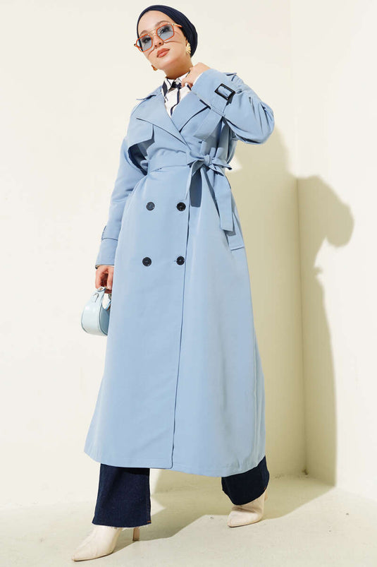 İçi Astarlı Kuşaklı Trençkot Mavi