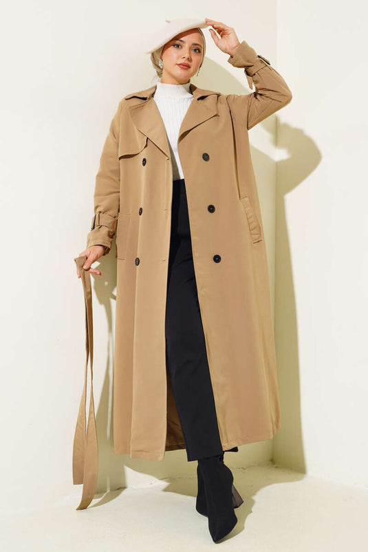 İçi Astarlı Kuşaklı Trençkot Vizon