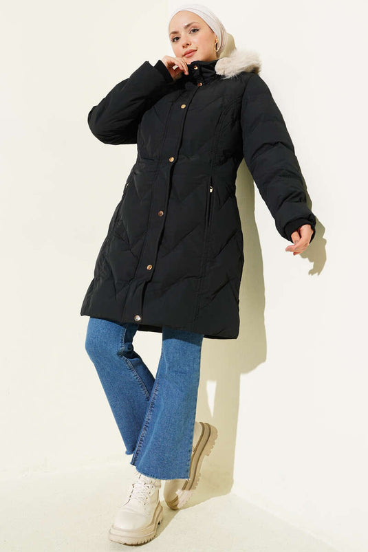 İçi Kürk Detaylı Kapüşonlu Mont Siyah