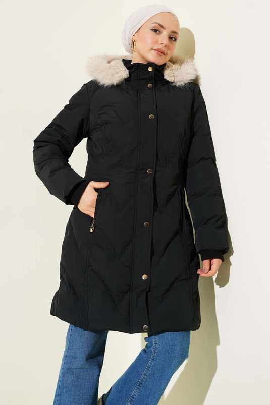 İçi Kürk Detaylı Kapüşonlu Mont Siyah