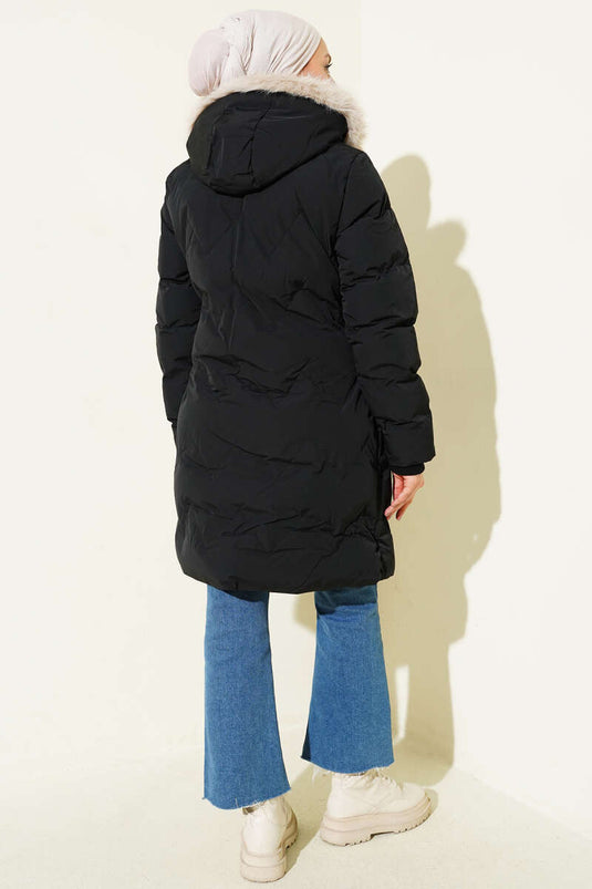 İçi Kürk Detaylı Kapüşonlu Mont Siyah