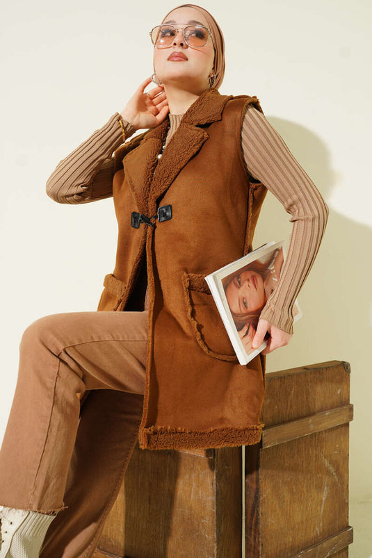 Fur-lined Suede Vest with Pockets, Tan