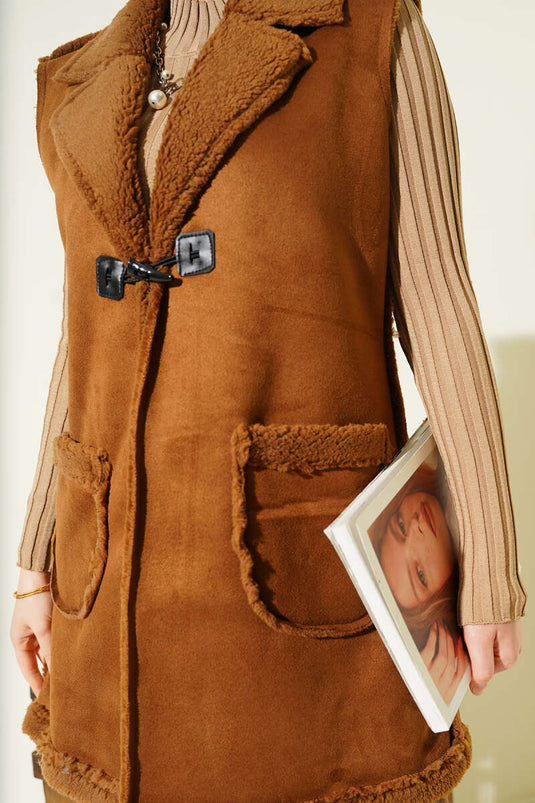 Fur-lined Suede Vest with Pockets, Tan