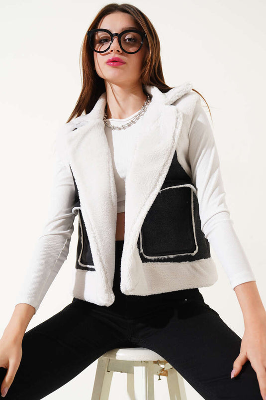 Short Vest with Fur Lining and Double Pockets, Black