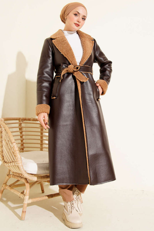 Long Leather Coat with Fur Lining, Dark Brown