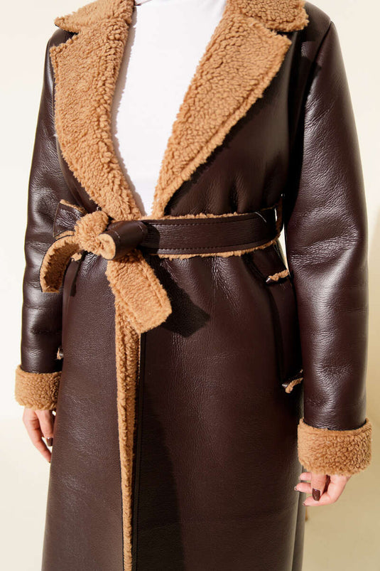 Long Leather Coat with Fur Lining, Dark Brown