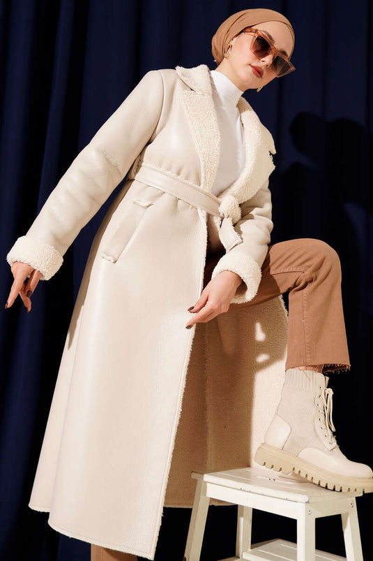 Fur-lined Leather Long Coat, Beige