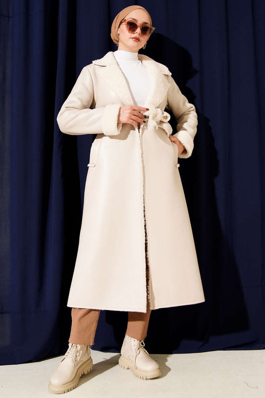 Fur-lined Leather Long Coat, Beige