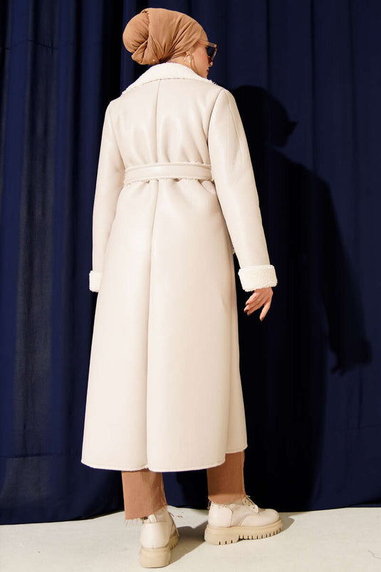 Fur-lined Leather Long Coat, Beige