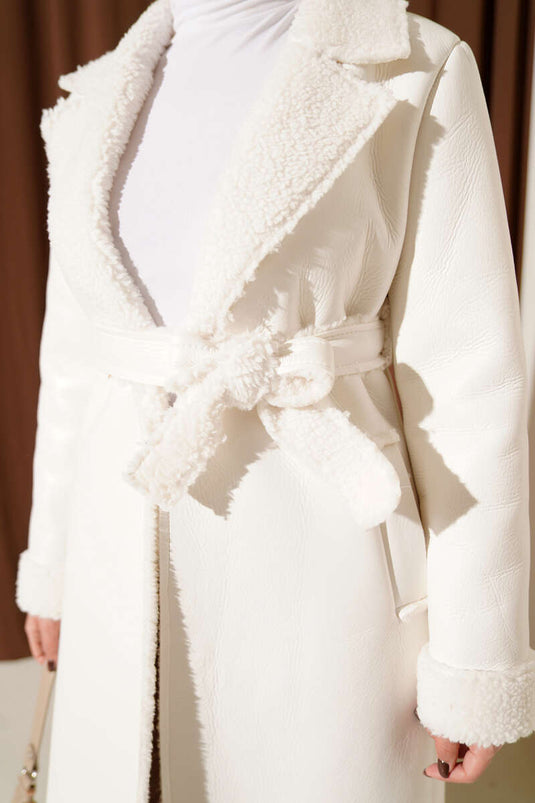 Fur-Lined Leather Long Coat, Ecru