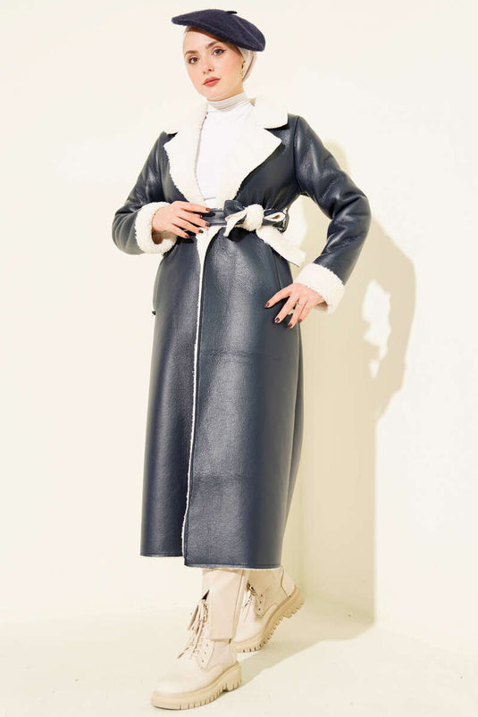 Fur-lined Leather Long Coat, Navy Blue