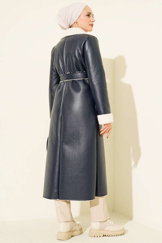 Fur-lined Leather Long Coat, Navy Blue