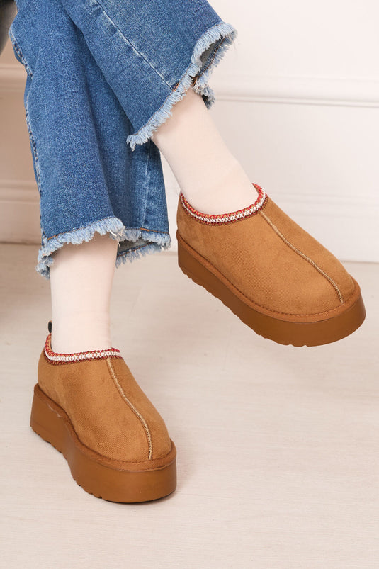 Thick Sole Mini Boots With Fur Inside, Tan