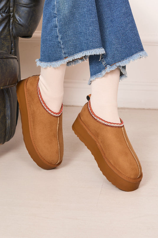 Thick Sole Mini Boots With Fur Inside, Tan