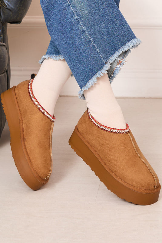 Thick Sole Mini Boots With Fur Inside, Tan