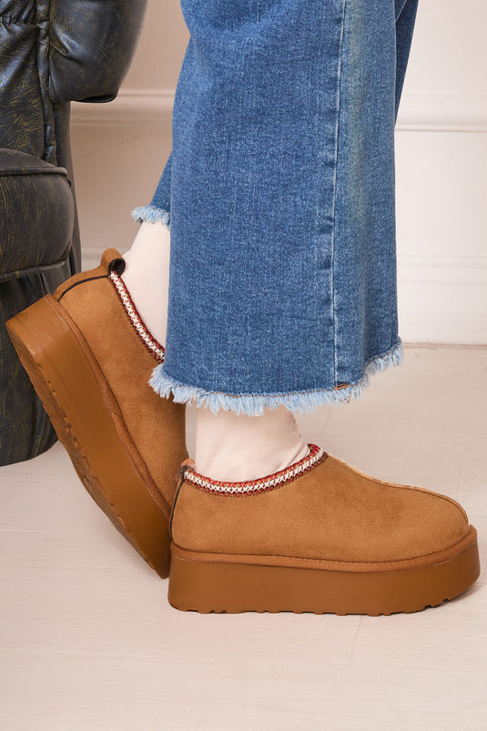 Thick Sole Mini Boots With Fur Inside, Tan