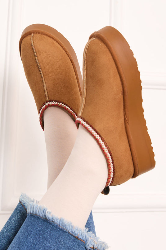 Thick Sole Mini Boots With Fur Inside, Tan